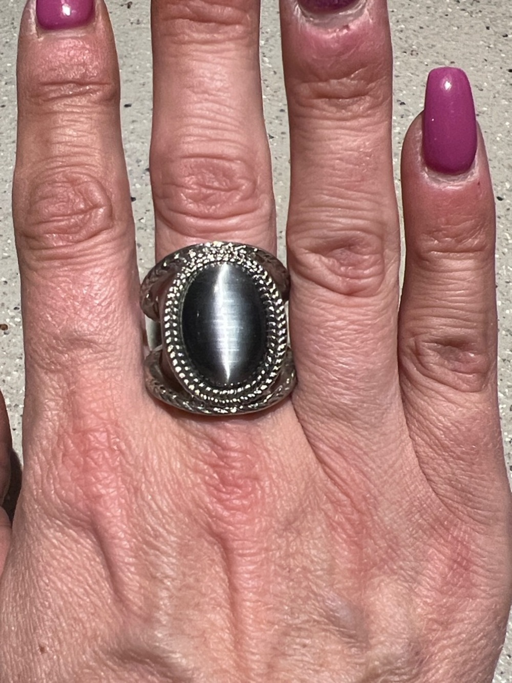 Statement Silver tone Ring with Gray Cat's Eye Stone
